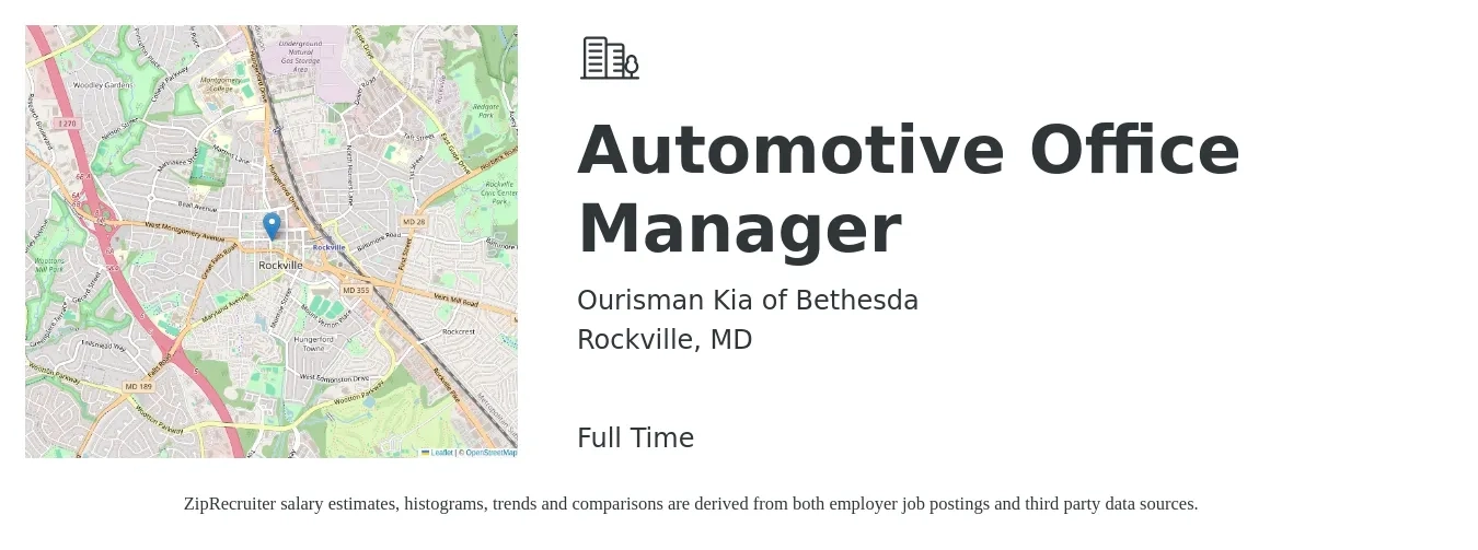 Ourisman Kia of Bethesda job posting for a Automotive Office Manager in Rockville, MD with a salary of $51,000 to $79,500 Yearly with a map of Rockville location.