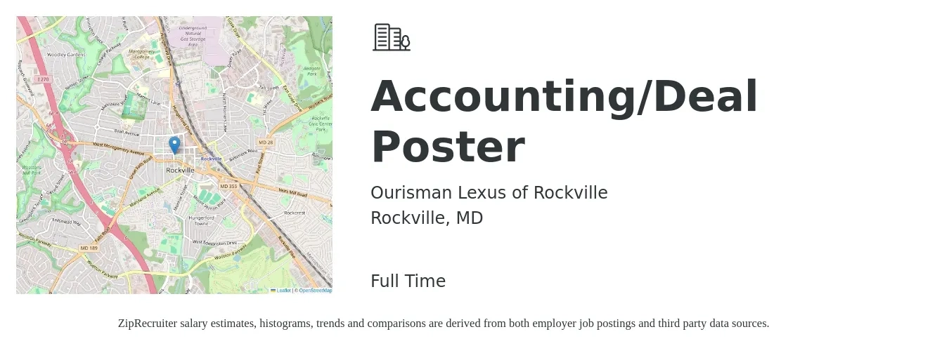 Ourisman Lexus of Rockville job posting for a Accounting/Deal Poster in Rockville, MD with a salary of $19 to $24 Hourly with a map of Rockville location.