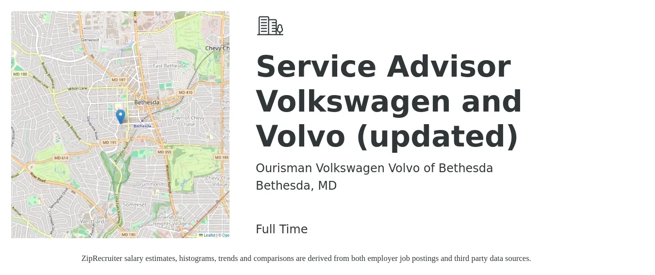 Ourisman Volkswagen Volvo of Bethesda job posting for a Service Advisor Volkswagen and Volvo (updated) in Bethesda, MD with a salary of $20 to $33 Hourly with a map of Bethesda location.