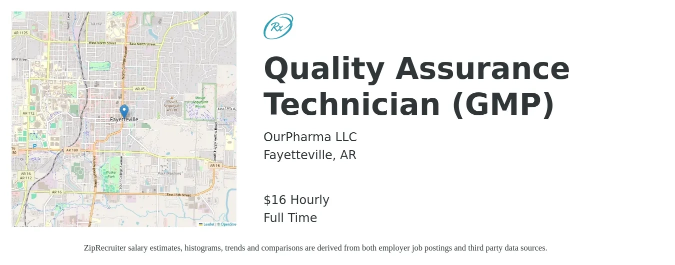 OurPharma LLC job posting for a Quality Assurance Technician (GMP) in Fayetteville, AR with a salary of $17 Hourly with a map of Fayetteville location.