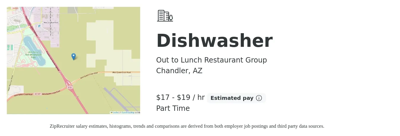 Out to Lunch Restaurant Group job posting for a Dishwasher in Chandler, AZ with a salary of $18 to $20 Hourly with a map of Chandler location.
