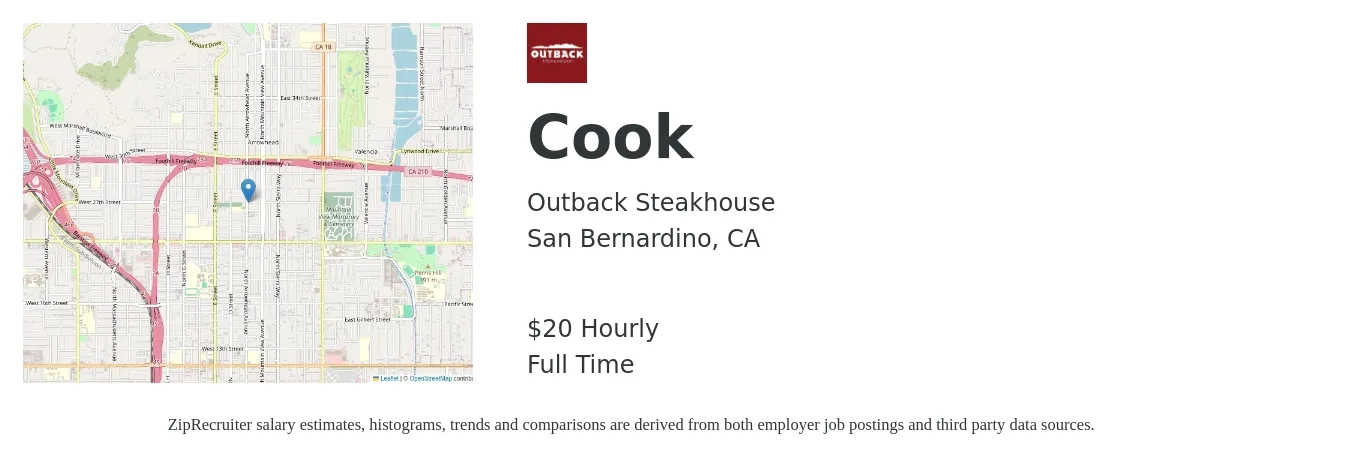 Outback Steakhouse job posting for a Cook in San Bernardino, CA with a salary of $21 Hourly with a map of San Bernardino location.