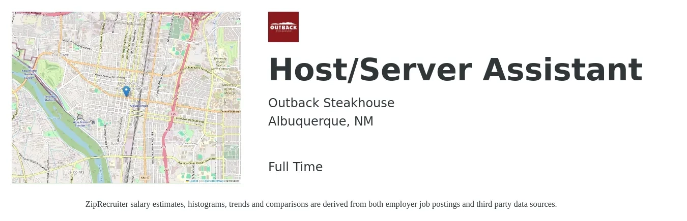Outback Steakhouse job posting for a Host/Server Assistant in Albuquerque, NM with a salary of $10 to $15 Hourly with a map of Albuquerque location.