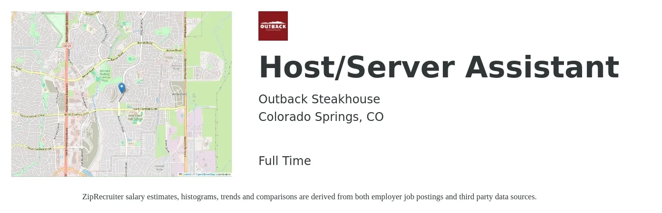 Outback Steakhouse job posting for a Host/Server Assistant in Colorado Springs, CO with a salary of $10 to $16 Hourly with a map of Colorado Springs location.