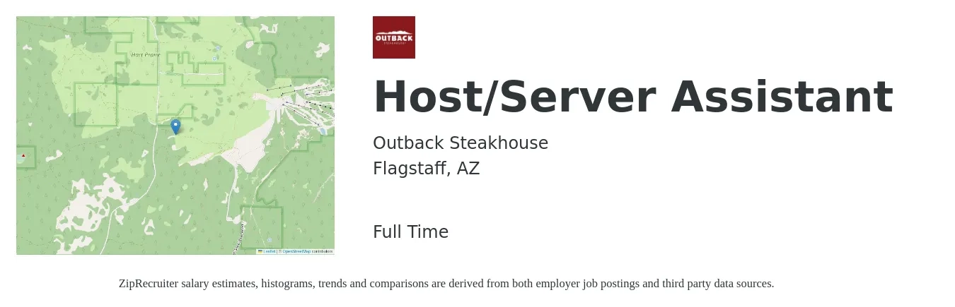 Outback Steakhouse job posting for a Host/Server Assistant in Flagstaff, AZ with a salary of $10 to $16 Hourly with a map of Flagstaff location.