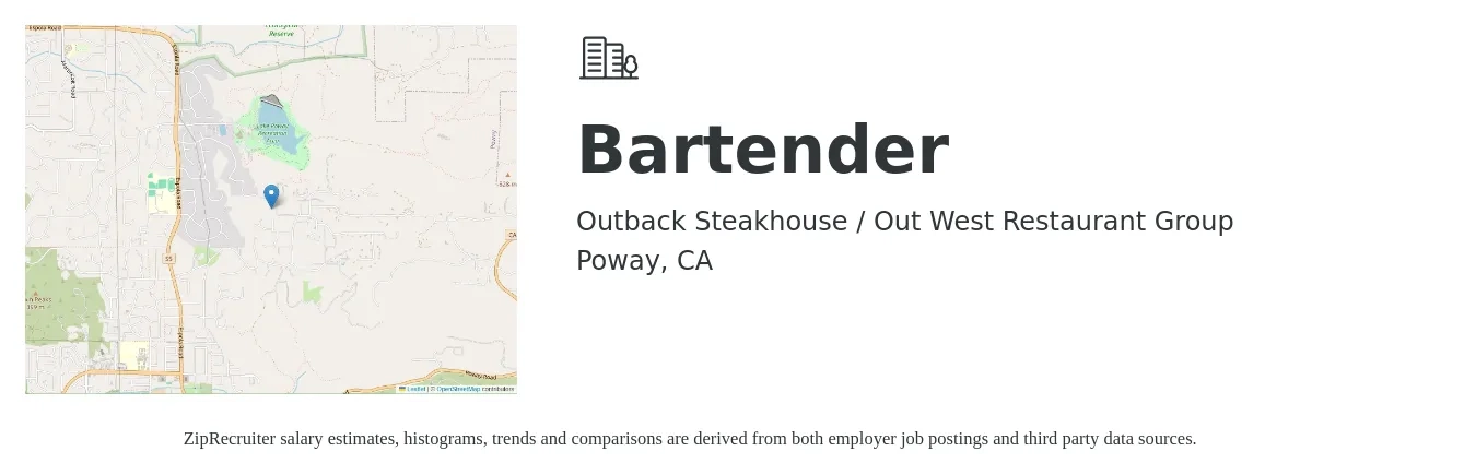 Outback Steakhouse / Out West Restaurant Group job posting for a Bartender in Poway, CA with a salary of $10 to $20 Hourly with a map of Poway location.