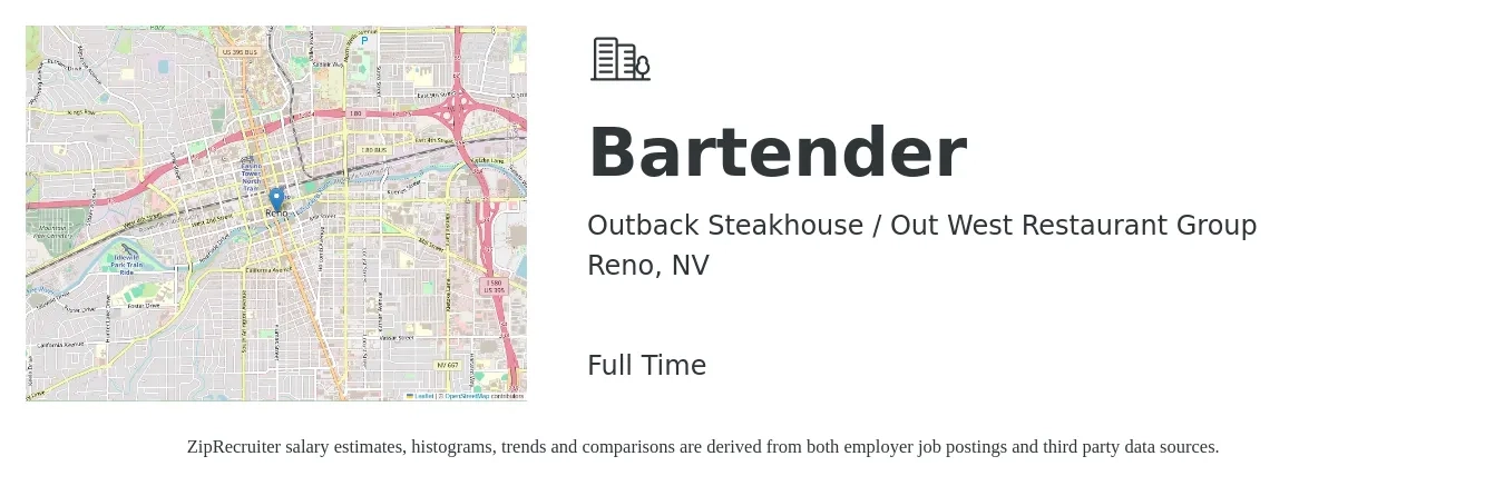 Outback Steakhouse / Out West Restaurant Group job posting for a Bartender in Reno, NV with a salary of $10 to $19 Hourly with a map of Reno location.