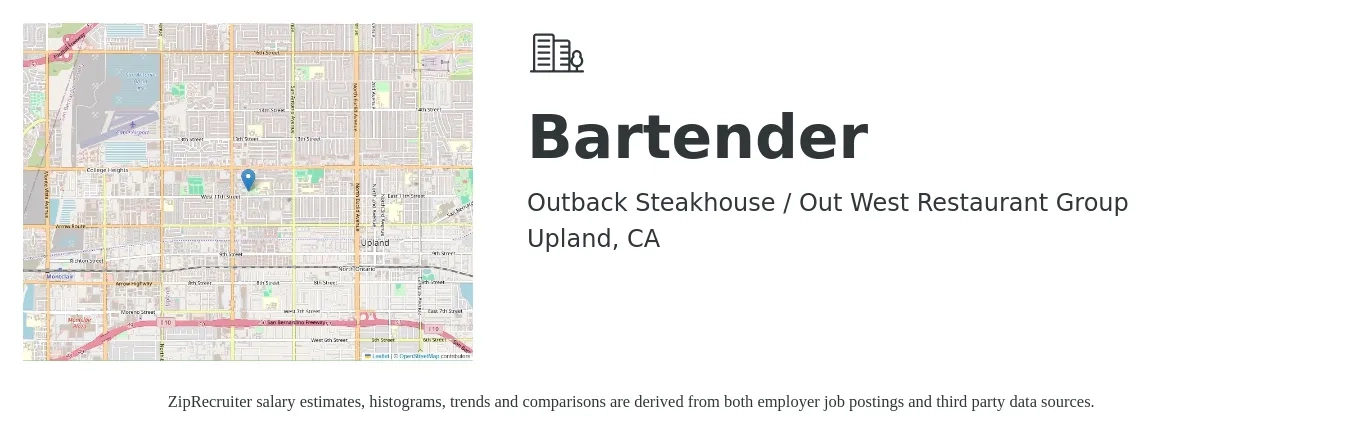 Outback Steakhouse / Out West Restaurant Group job posting for a Bartender in Upland, CA with a salary of $10 to $19 Hourly with a map of Upland location.