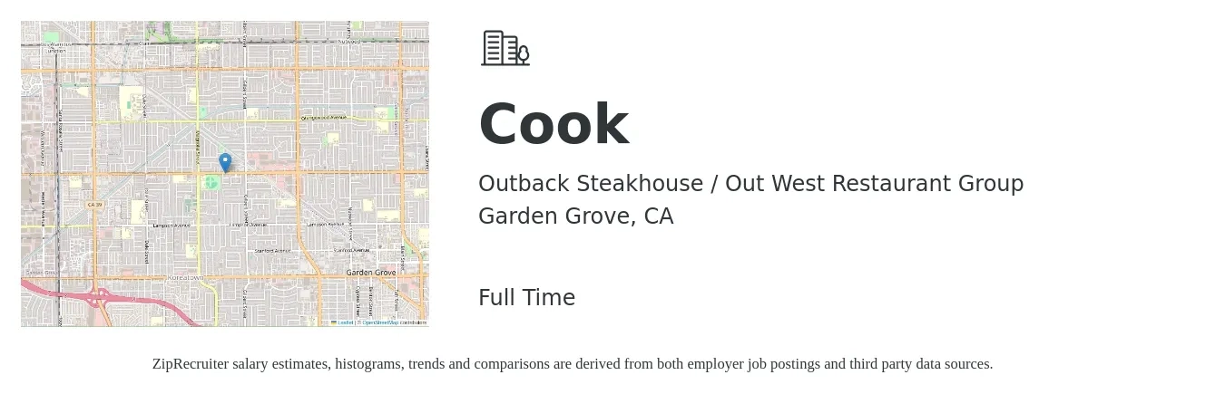 Outback Steakhouse / Out West Restaurant Group job posting for a Cook in Garden Grove, CA with a salary of $14 to $19 Hourly with a map of Garden Grove location.