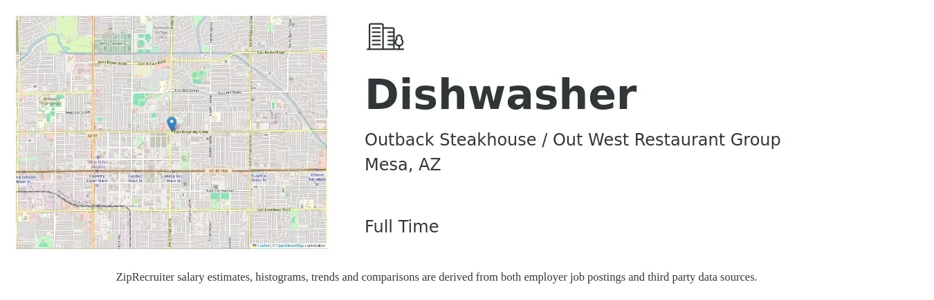 Outback Steakhouse / Out West Restaurant Group job posting for a Dishwasher in Mesa, AZ with a salary of $13 to $16 Hourly with a map of Mesa location.
