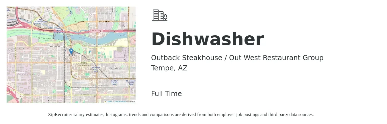 Outback Steakhouse / Out West Restaurant Group job posting for a Dishwasher in Tempe, AZ with a salary of $13 to $16 Hourly with a map of Tempe location.