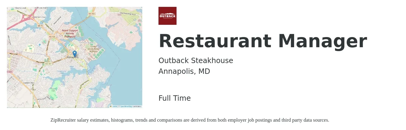 Outback Steakhouse job posting for a Restaurant Manager in Annapolis, MD with a salary of $44,500 to $62,900 Yearly with a map of Annapolis location.