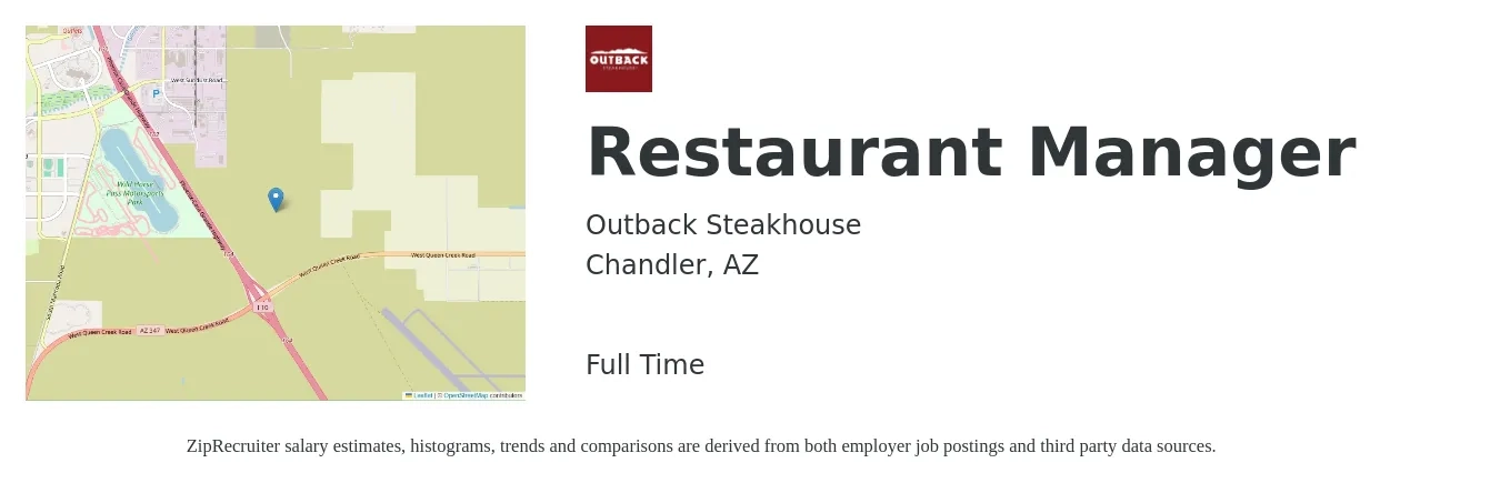 Outback Steakhouse job posting for a Restaurant Manager in Chandler, AZ with a salary of $43,700 to $61,700 Yearly with a map of Chandler location.