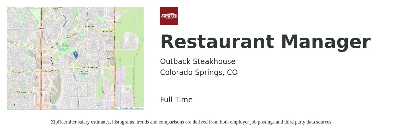 Outback Steakhouse job posting for a Restaurant Manager in Colorado Springs, CO with a salary of $44,400 to $62,700 Yearly with a map of Colorado Springs location.