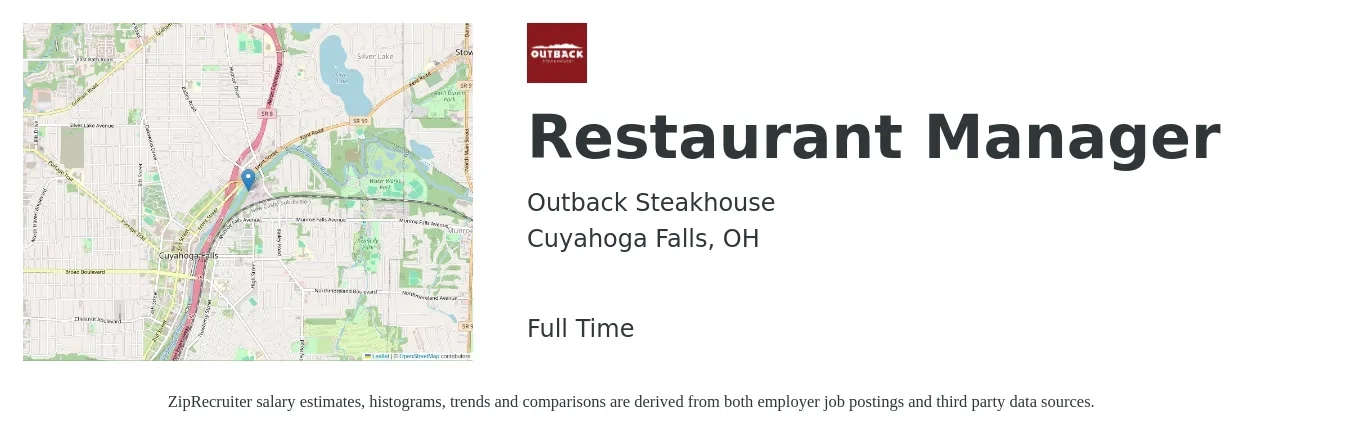Outback Steakhouse job posting for a Restaurant Manager in Cuyahoga Falls, OH with a salary of $41,200 to $58,100 Yearly with a map of Cuyahoga Falls location.