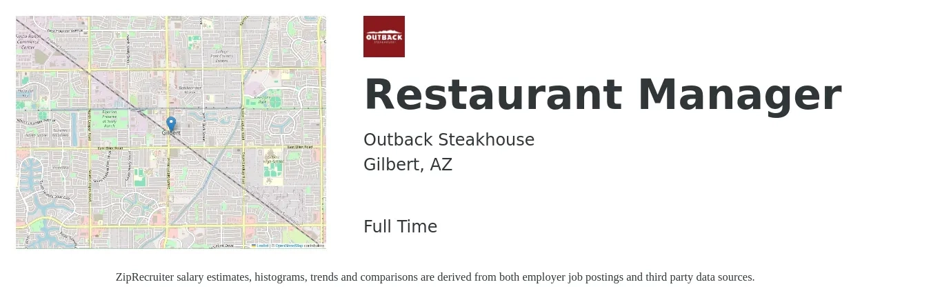 Outback Steakhouse job posting for a Restaurant Manager in Gilbert, AZ with a salary of $43,900 to $62,000 Yearly with a map of Gilbert location.