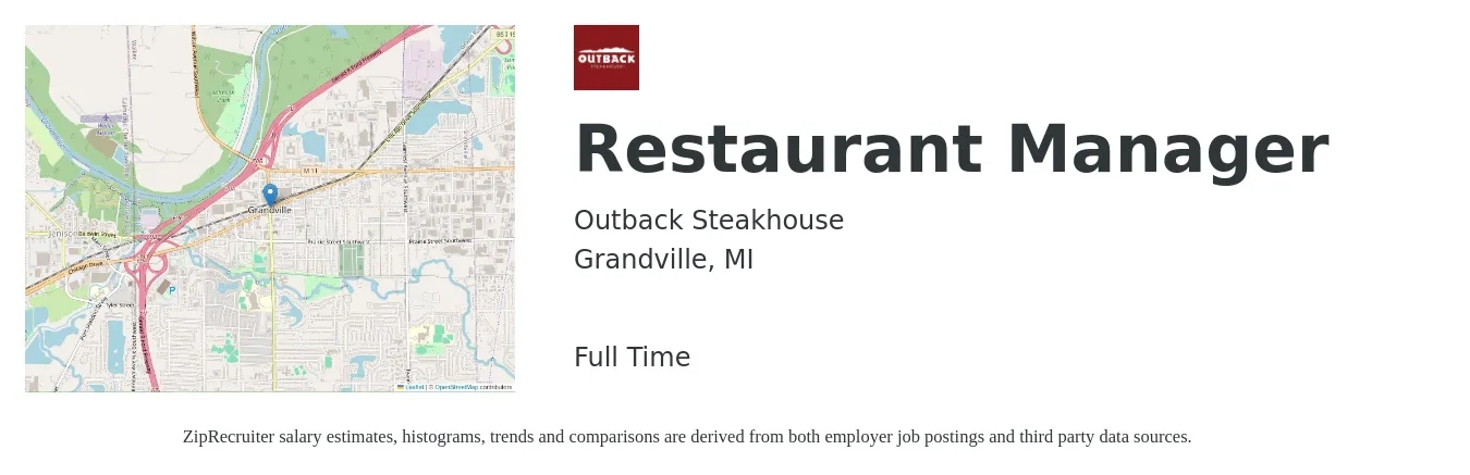 Outback Steakhouse job posting for a Restaurant Manager in Grandville, MI with a salary of $40,300 to $56,800 Yearly with a map of Grandville location.