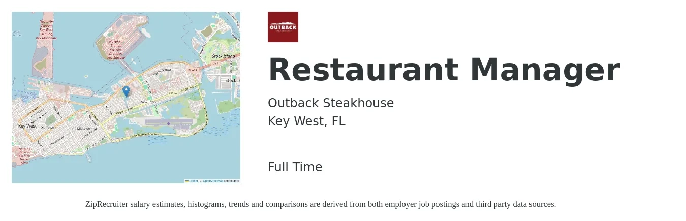 Outback Steakhouse job posting for a Restaurant Manager in Key West, FL with a salary of $44,500 to $62,800 Yearly with a map of Key West location.