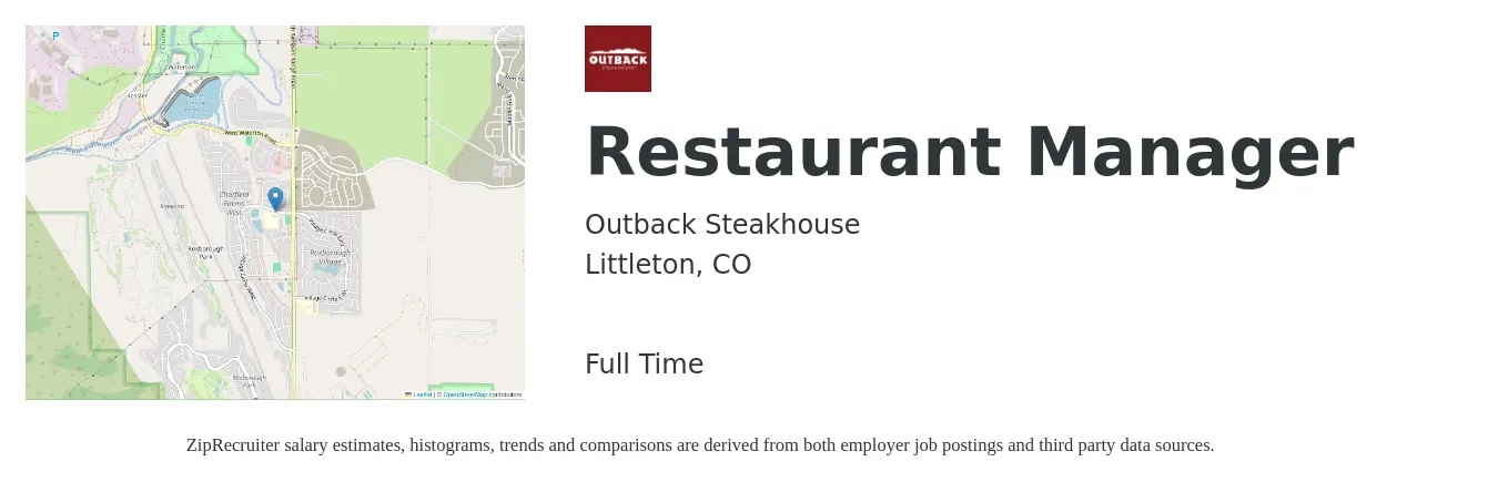 Outback Steakhouse job posting for a Restaurant Manager in Littleton, CO with a salary of $45,400 to $64,100 Yearly with a map of Littleton location.