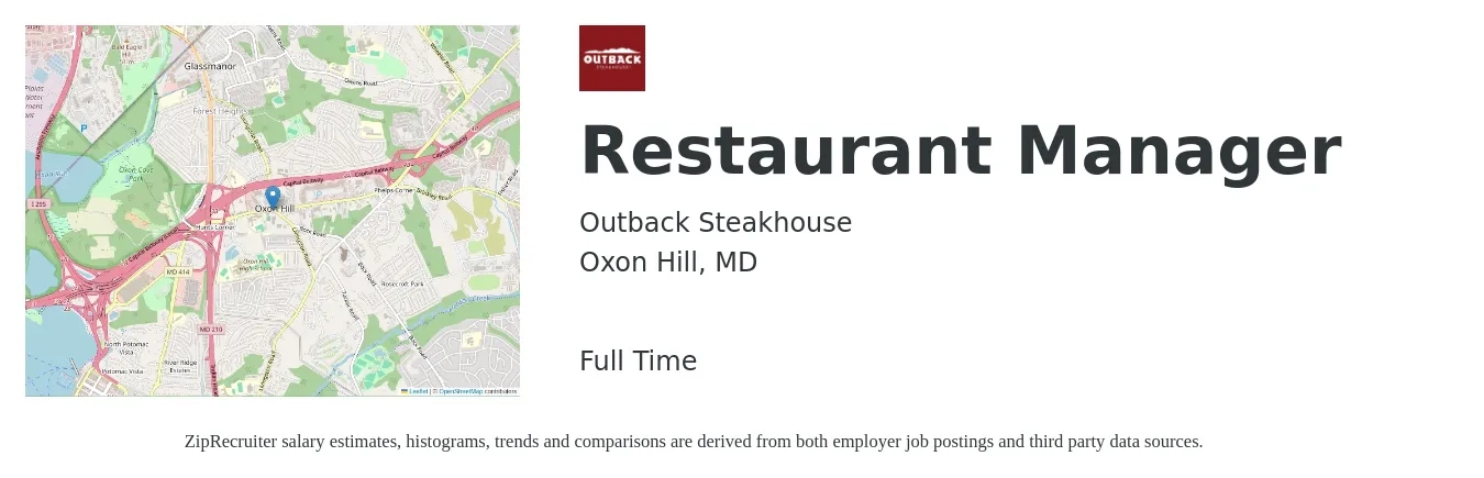 Outback Steakhouse job posting for a Restaurant Manager in Oxon Hill, MD with a salary of $45,700 to $64,500 Yearly with a map of Oxon Hill location.