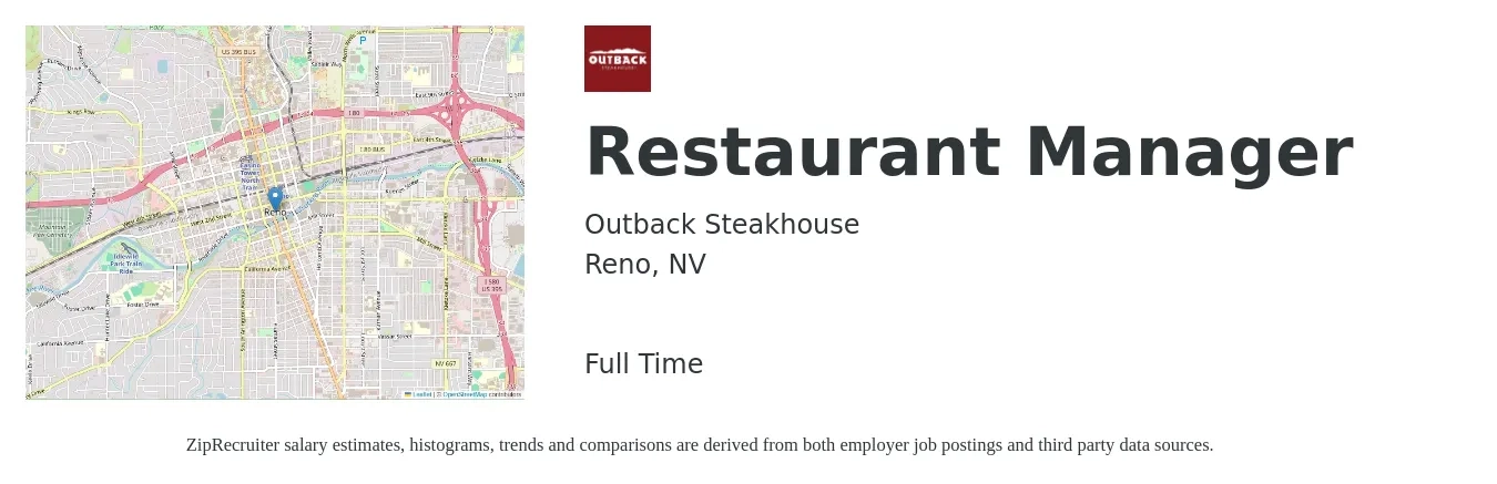 Outback Steakhouse job posting for a Restaurant Manager in Reno, NV with a salary of $44,900 to $63,300 Yearly with a map of Reno location.