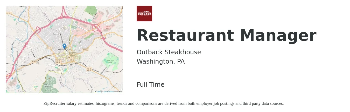 Outback Steakhouse job posting for a Restaurant Manager in Washington, PA with a salary of $41,800 to $59,000 Yearly with a map of Washington location.
