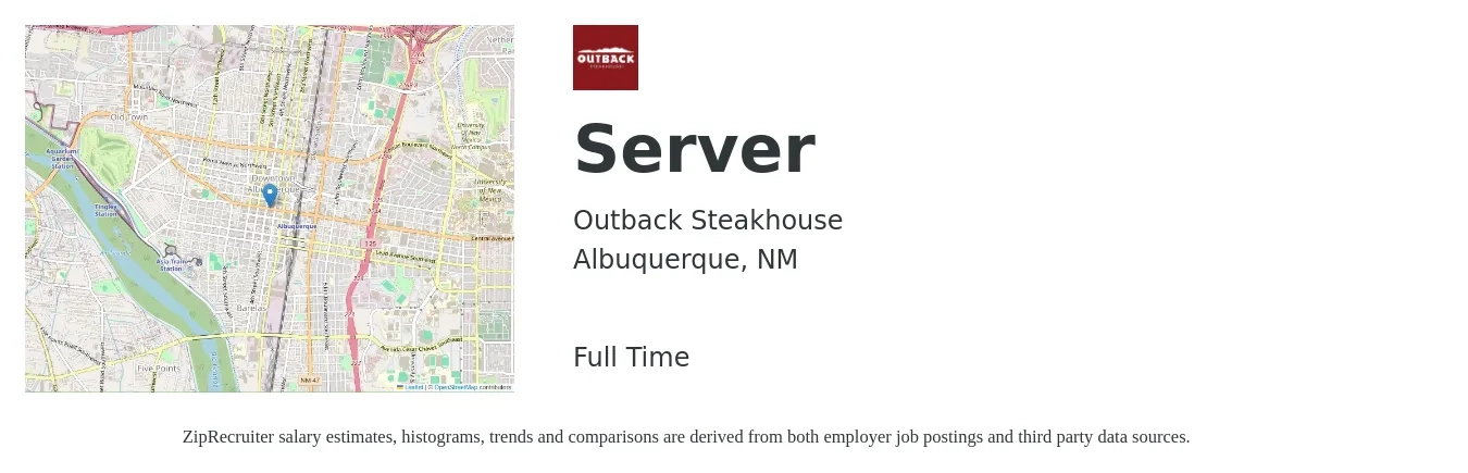 Outback Steakhouse job posting for a Server in Albuquerque, NM with a salary of $10 to $18 Hourly with a map of Albuquerque location.