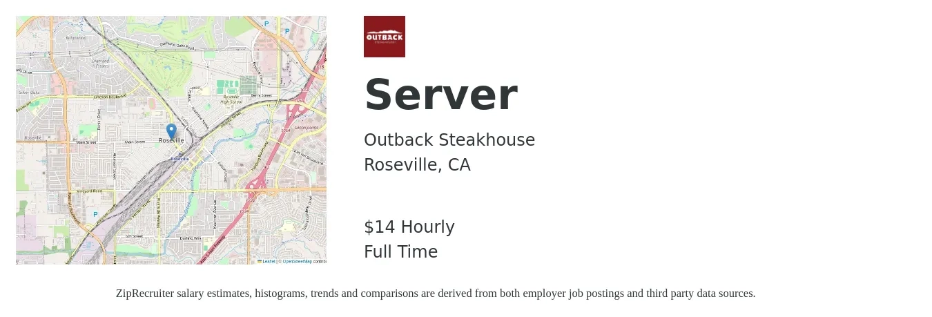 Outback Steakhouse job posting for a Server in Roseville, CA with a salary of $16 Hourly with a map of Roseville location.