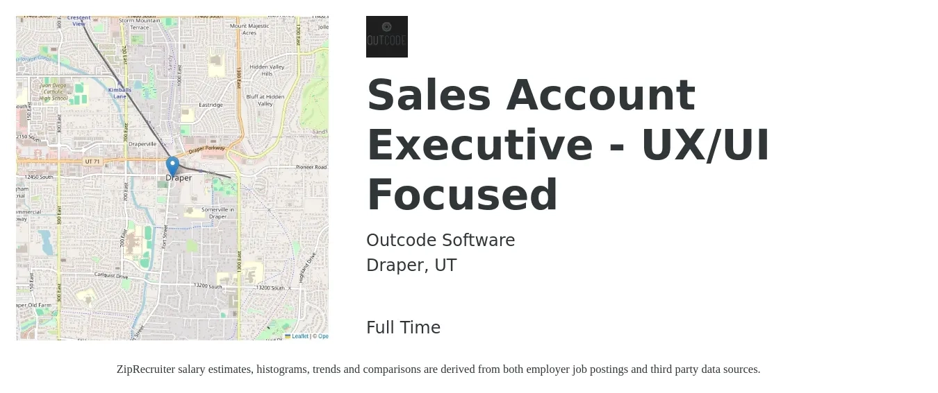 Outcode Software job posting for a Sales Account Executive - UX/UI Focused in Draper, UT with a salary of $50,000 to $78,500 Yearly with a map of Draper location.