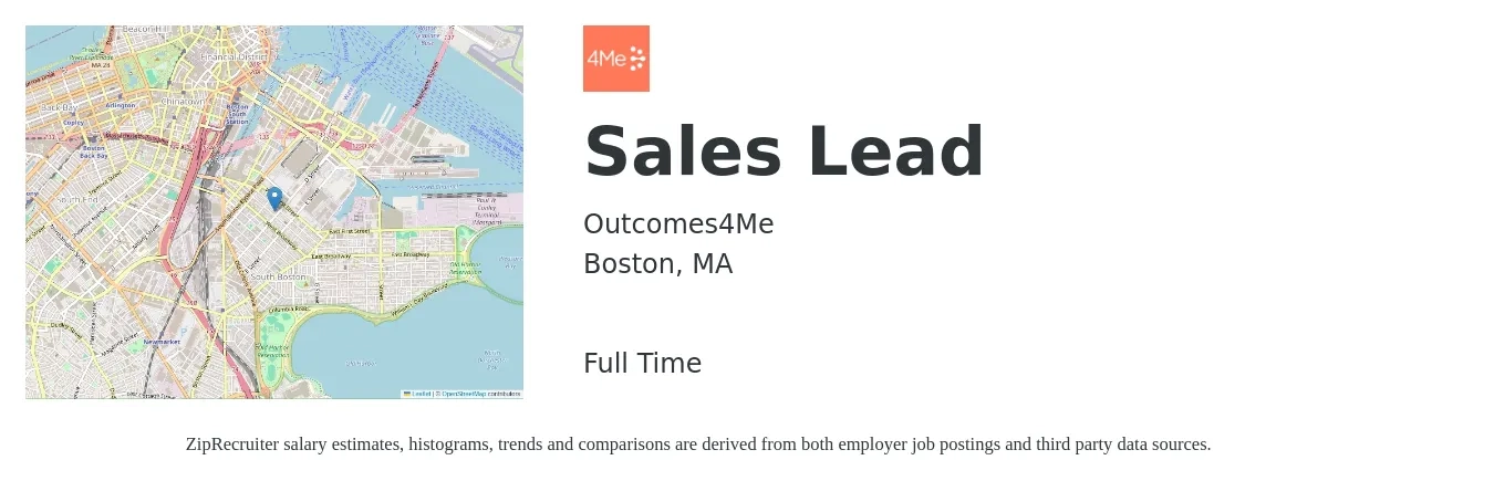 Outcomes4Me job posting for a Sales Lead in Boston, MA with a salary of $39,100 to $107,000 Yearly with a map of Boston location.