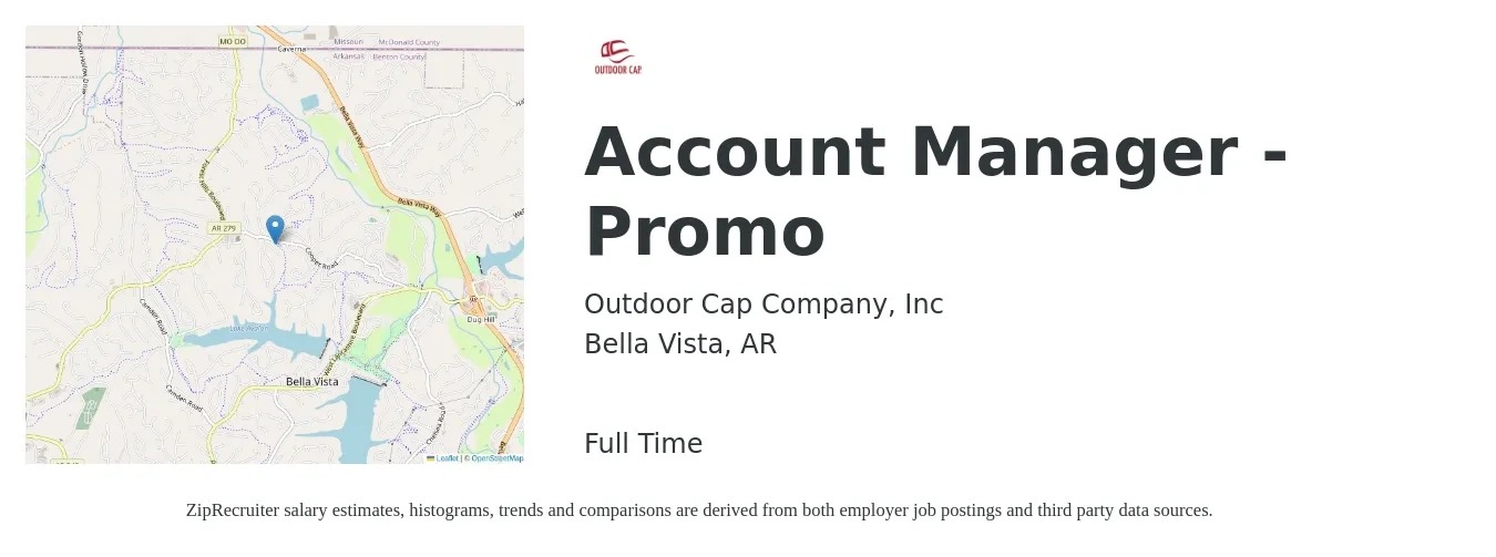 Outdoor Cap Company, Inc job posting for a Account Manager - Promo in Bella Vista, AR with a salary of $42,900 to $70,100 Yearly with a map of Bella Vista location.