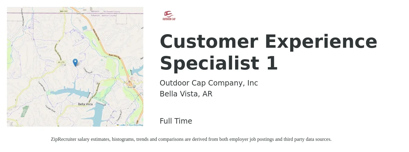 Outdoor Cap Company, Inc job posting for a Customer Experience Specialist 1 in Bella Vista, AR with a salary of $15 to $20 Hourly with a map of Bella Vista location.