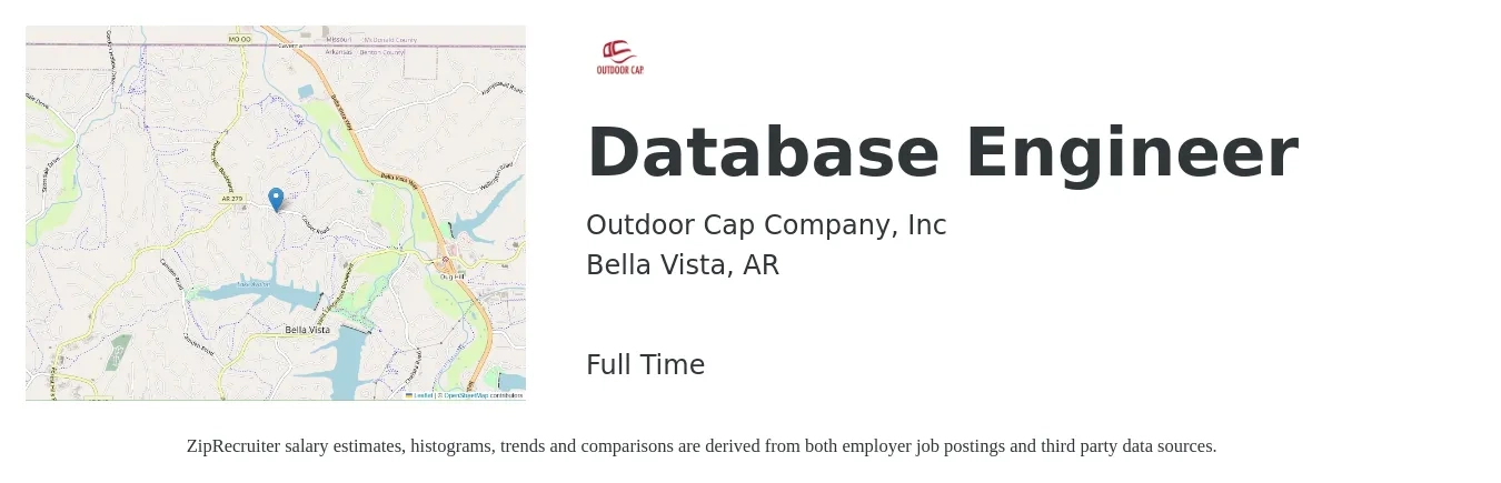 Outdoor Cap Company, Inc job posting for a Database Engineer in Bella Vista, AR with a salary of $88,900 to $125,100 Yearly with a map of Bella Vista location.