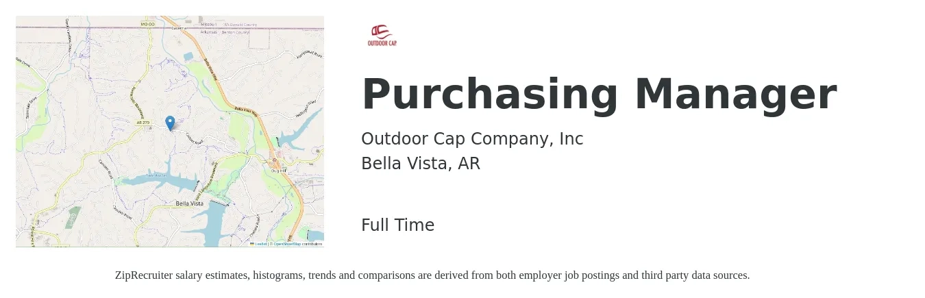 Outdoor Cap Company, Inc job posting for a Purchasing Manager in Bella Vista, AR with a salary of $58,100 to $89,300 Yearly with a map of Bella Vista location.