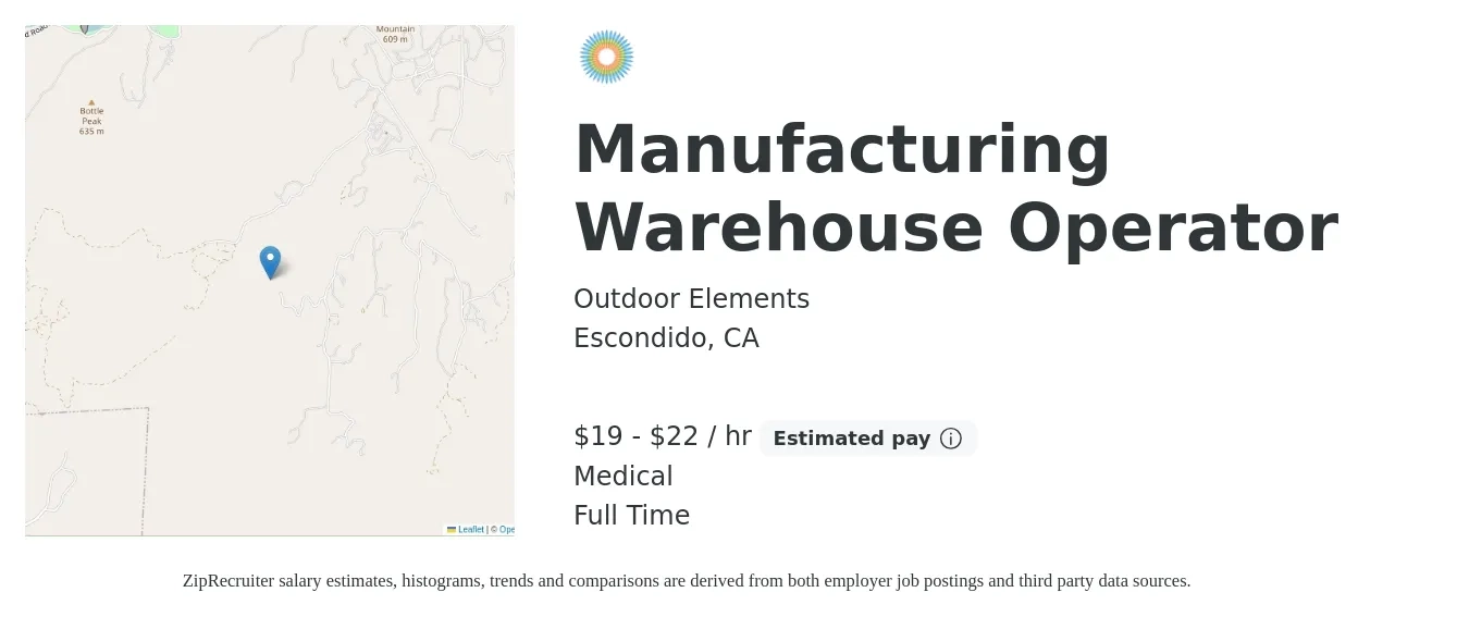 Outdoor Elements job posting for a Manufacturing Warehouse Operator in Escondido, CA with a salary of $20 to $23 Hourly (plus commission) and benefits including medical, and pto with a map of Escondido location.
