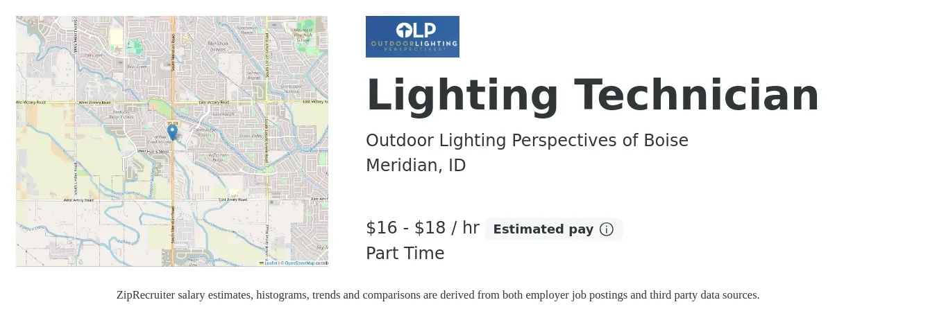 Outdoor Lighting Perspectives of Boise job posting for a Lighting Technician in Meridian, ID with a salary of $17 to $19 Hourly (plus commission) with a map of Meridian location.