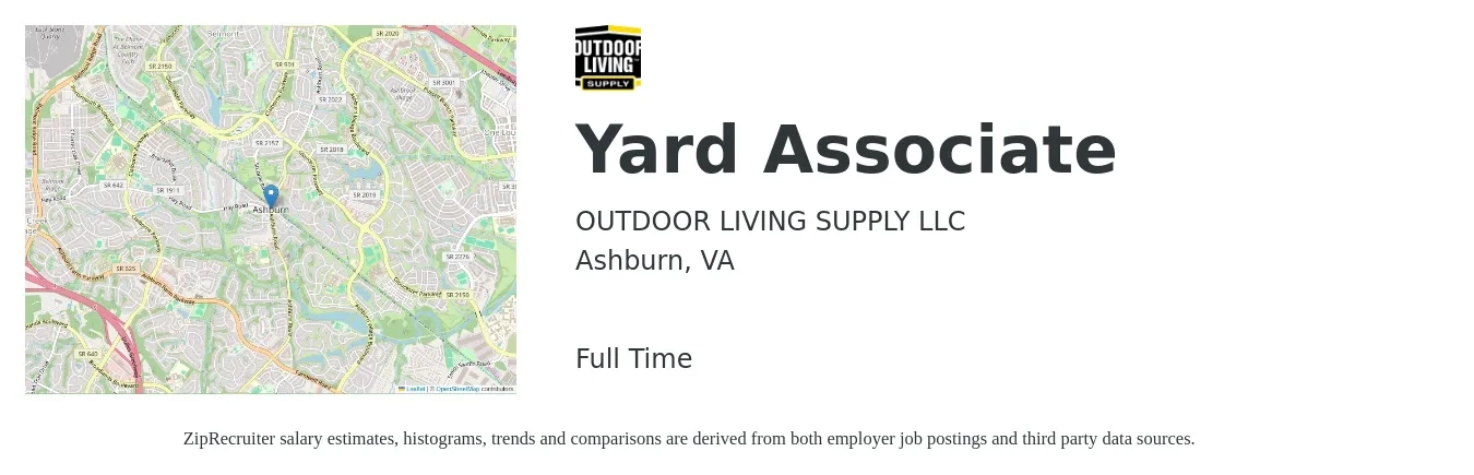 OUTDOOR LIVING SUPPLY LLC job posting for a Yard Associate in Ashburn, VA with a salary of $15 to $20 Hourly with a map of Ashburn location.