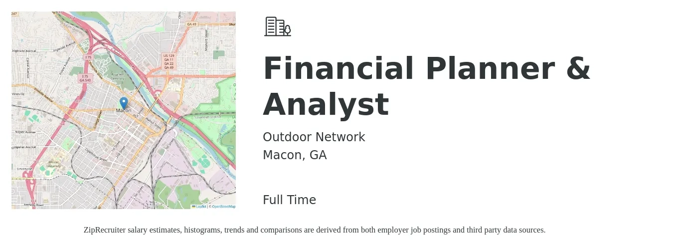 Outdoor Network job posting for a Financial Planner & Analyst in Macon, GA with a salary of $66,900 to $105,700 Yearly with a map of Macon location.