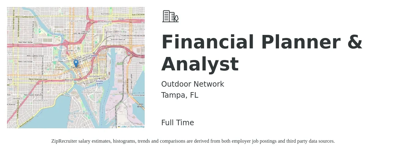 Outdoor Network job posting for a Financial Planner & Analyst in Tampa, FL with a salary of $66,200 to $104,400 Yearly with a map of Tampa location.