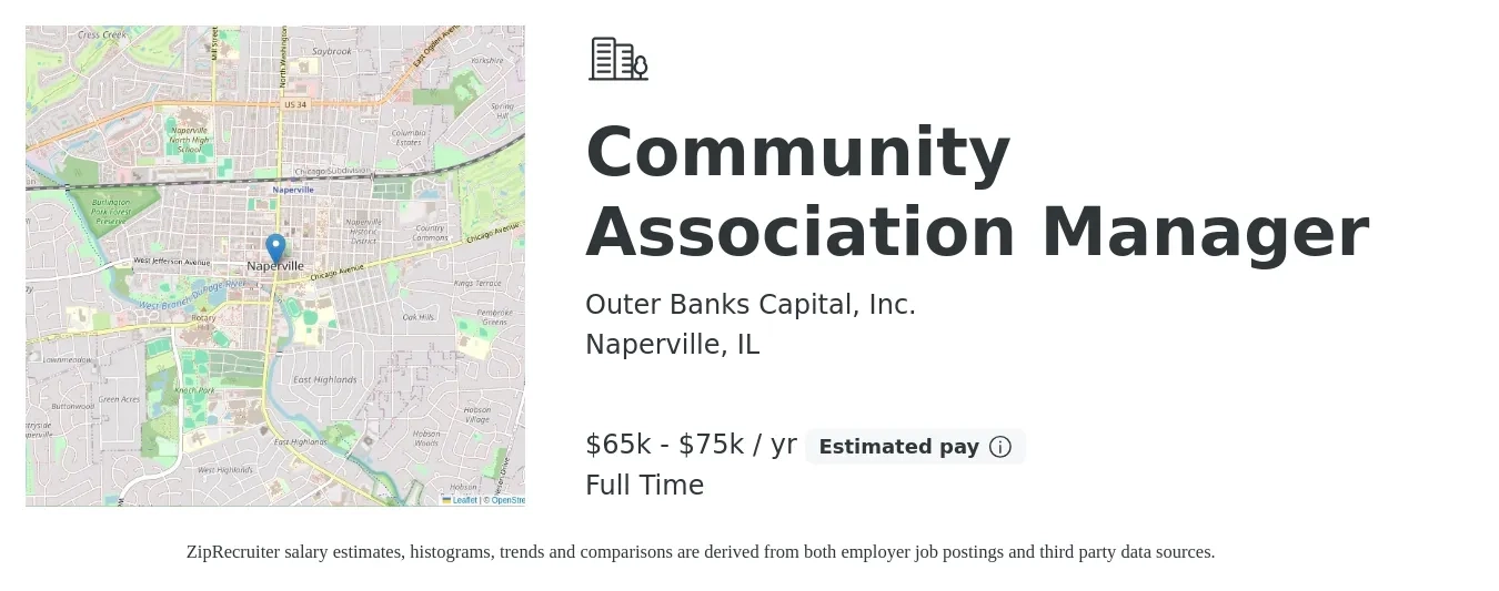 Outer Banks Capital, Inc. job posting for a Community Association Manager in Naperville, IL with a salary of $65,000 to $75,000 Yearly with a map of Naperville location.