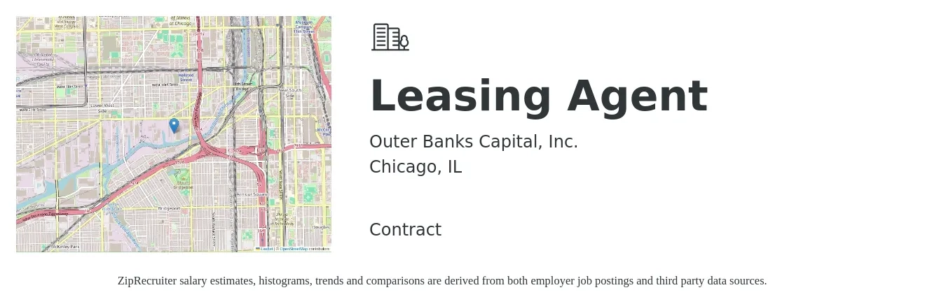 Outer Banks Capital, Inc. job posting for a Leasing Agent in Chicago, IL with a salary of $17 to $20 Hourly with a map of Chicago location.