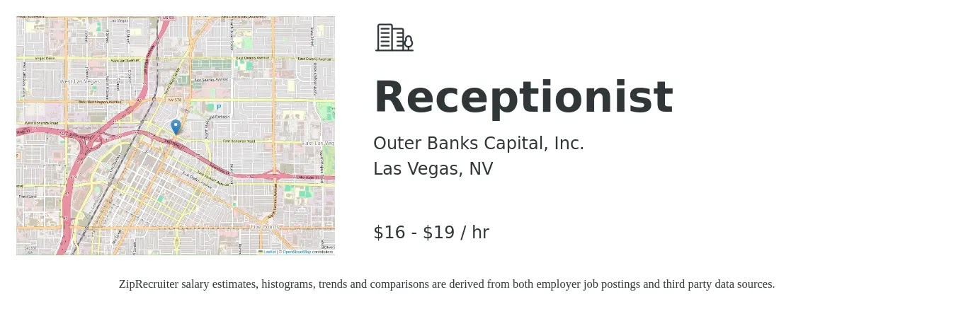 Outer Banks Capital, Inc. job posting for a Receptionist in Las Vegas, NV with a salary of $17 to $20 Hourly with a map of Las Vegas location.