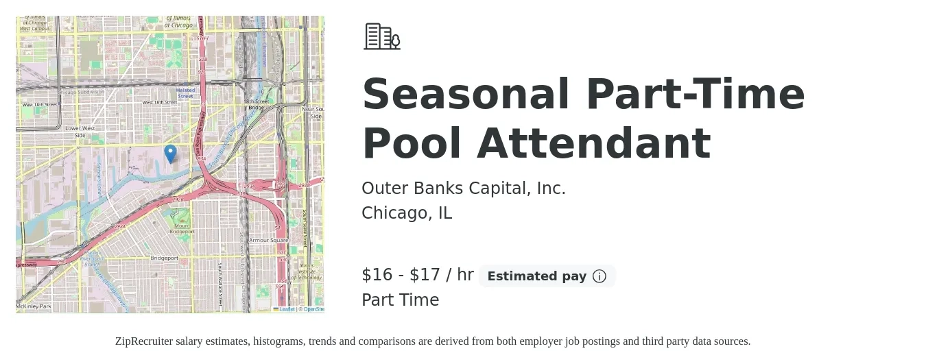 Outer Banks Capital, Inc. job posting for a Seasonal Part-Time Pool Attendant in Chicago, IL with a salary of $17 to $18 Hourly with a map of Chicago location.