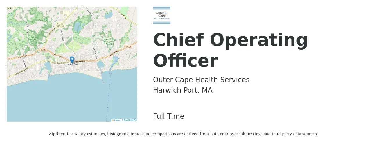 Outer Cape Health Services job posting for a Chief Operating Officer in Harwich Port, MA with a salary of $116,600 to $193,500 Yearly with a map of Harwich Port location.
