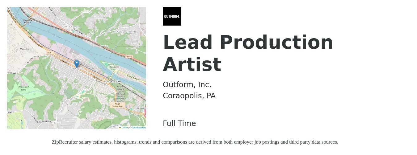 Outform, Inc. job posting for a Lead Production Artist in Coraopolis, PA with a salary of $18 to $24 Hourly with a map of Coraopolis location.