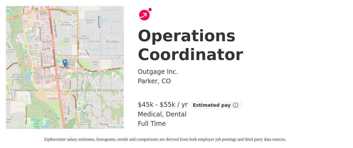 Outgage Inc. job posting for a Operations Coordinator in Parker, CO with a salary of $45,000 to $55,000 Yearly and benefits including pto, dental, and medical with a map of Parker location.