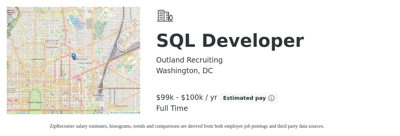 Outland Recruiting job posting for a SQL Developer in Washington, DC with a salary of $99,000 to $100,000 Yearly with a map of Washington location.
