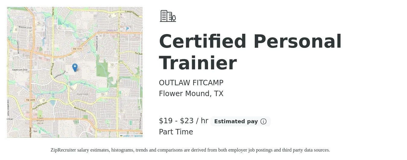 OUTLAW FITCAMP job posting for a Certified Personal Trainier in Flower Mound, TX with a salary of $20 to $24 Hourly with a map of Flower Mound location.