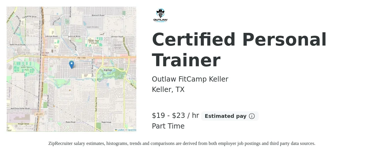 Outlaw FitCamp Keller job posting for a Certified Personal Trainer in Keller, TX with a salary of $20 to $24 Hourly (plus commission) with a map of Keller location.