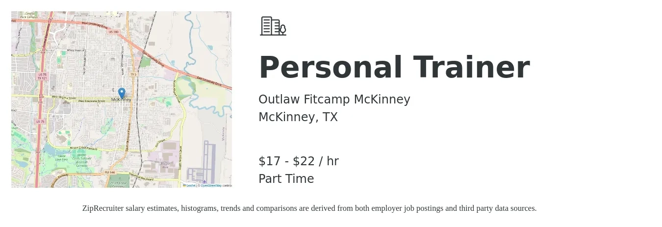 Outlaw Fitcamp McKinney job posting for a Personal Trainer in McKinney, TX with a salary of $18 to $23 Hourly with a map of McKinney location.